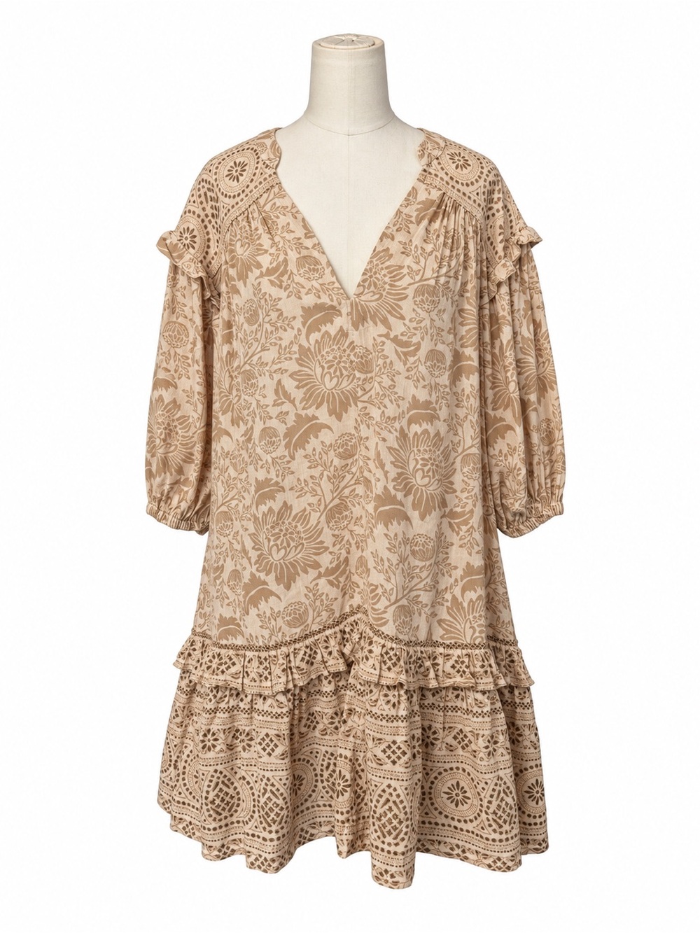 Spell & The Gypsy Collective Floral Boho Ruffle Mini Dress Beige Size Small